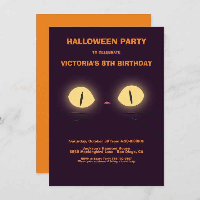 Convites Halloween Birthday Cat Eyes (Frente/Verso)
