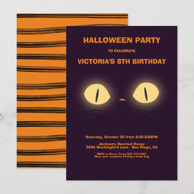 Convites Halloween Birthday Cat Eyes (Frente/Verso)