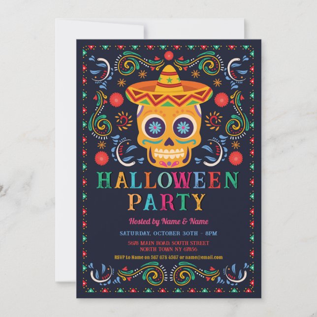 Convites Halloween Birthday Sugar Skull Fiesta Mexicano (Frente)