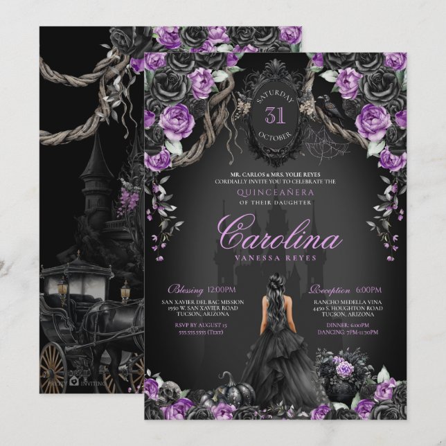Convites Halloween Black Rosa Purple Princess Quinceanera (Frente/Verso)