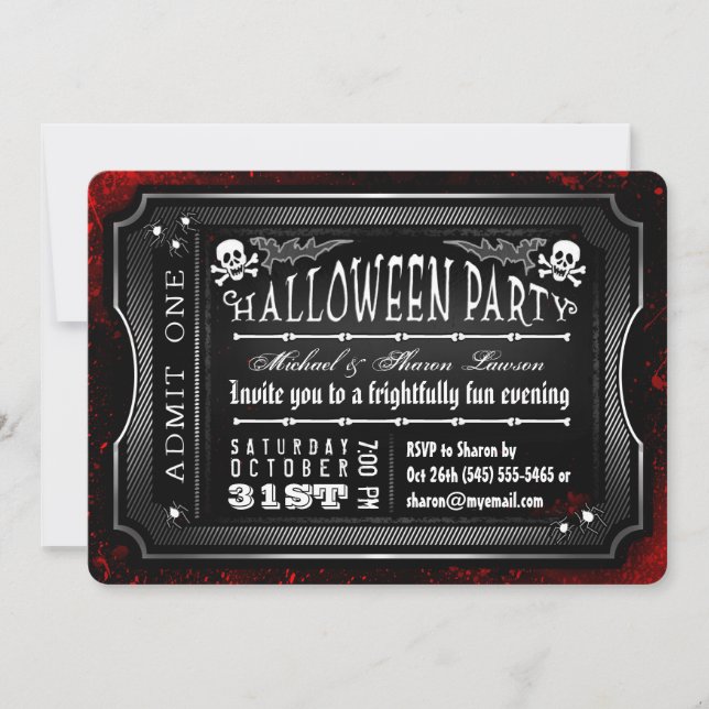 Convites Halloween Black & White Bloody Admit One Ticket (Frente)