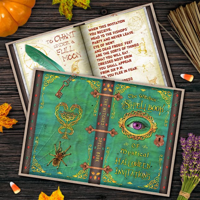 Convites Halloween Bruxas Magic Spell Book Eyeball Party (Criador carregado)