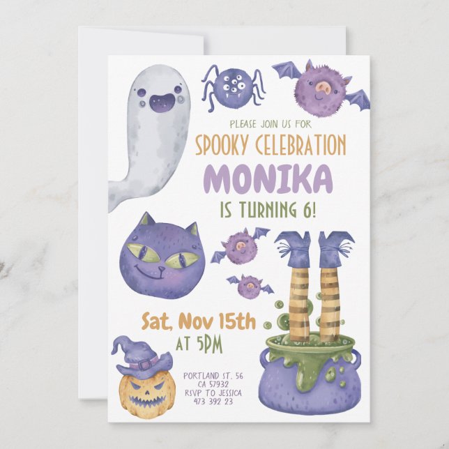 Convites Halloween Cauldron Spooky Bruxa Roxo Aniversário (Frente)