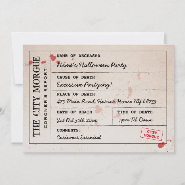 Convites Halloween Convide o legista da Morgue da Cidade (Frente)