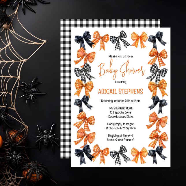 Convites Halloween Coquette Black | Chá de fraldas de Arcos (Halloween Coquette Black | Orange Bows Girl Baby Shower Invitation)