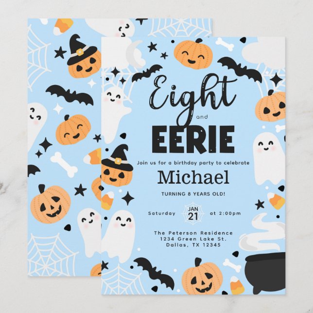 Convites Halloween Cute Ghost 8th Birthday Party Invitation (Frente/Verso)