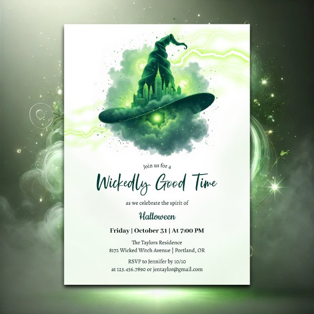 Convites Halloween de bruxaria verde, fantasia mágica (Wickedly Good Time Halloween Party Invitation – Glowing Green Witch Hat)