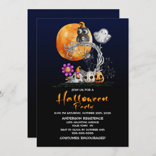 Convites Halloween De Coruja De Lua Cheia (Frente/Verso)