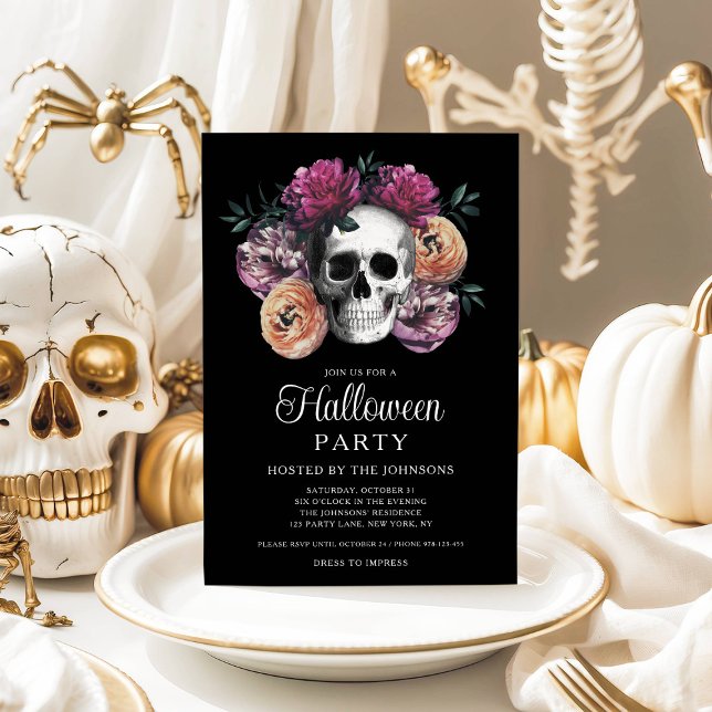 Convites Halloween do Caveira Floral Elegante Gótica (Elegant Gothic Floral Skull Halloween Invitation)