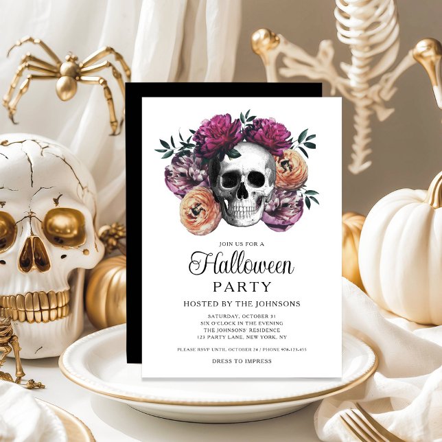 Convites Halloween do Caveira Floral Elegante Gótica (Elegant Gothic Floral Skull Halloween Invitation)
