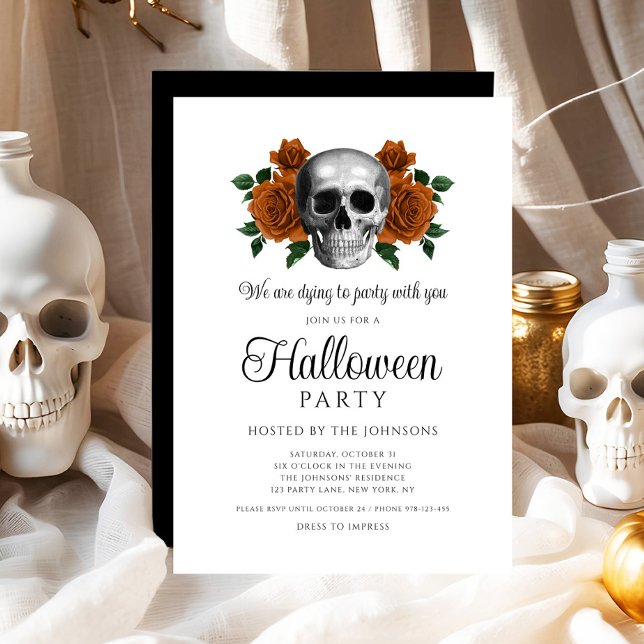 Convites Halloween do Caveira Floral Negro Elegante (Elegant Gothic Black Floral Skull Halloween Invitation)