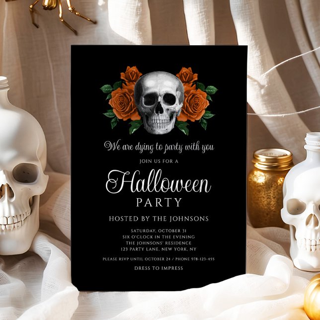 Convites Halloween do Caveira Floral Negro Elegante (Elegant Gothic Black Floral Skull Halloween Invitation - digital download)