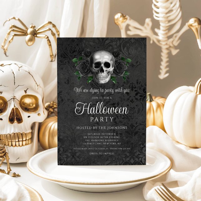 Convites Halloween do Caveira Floral Negro Elegante (Elegant Gothic Black Floral Skull Halloween Invitation)