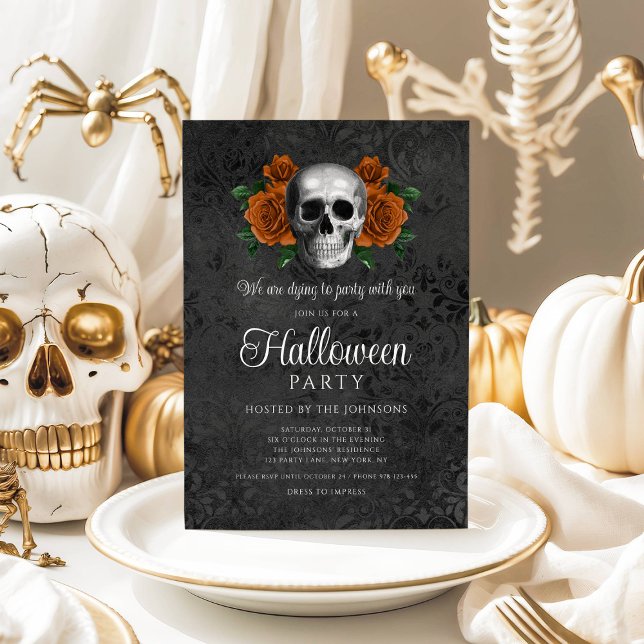 Convites Halloween do Caveira Floral Negro Elegante (Elegant Gothic Black Floral Skull Halloween Invitation)