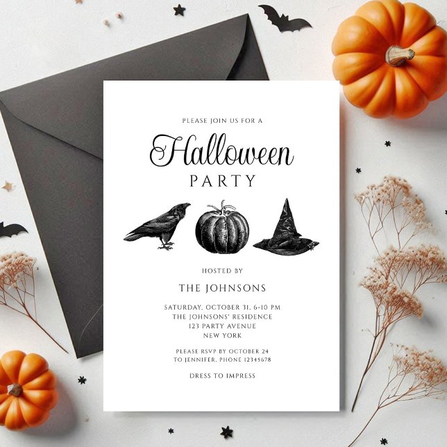 Convites Halloween Elegante de Abóbora Preta Gótica (Elegant Gothic Black Pumpkin Halloween Invitation)
