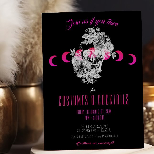 Convites Halloween Elegante Gótica, Preto e Crânio Rosa (Criador carregado)