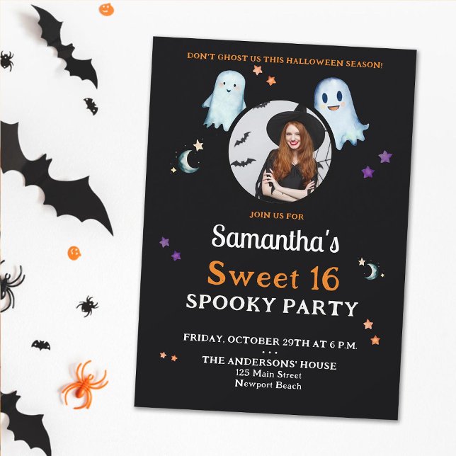 Convites Halloween Fantasma Divertido Sweet 16 Foto de Fest (sweet 16 halloween spooky party photo invitation for girls black orange purple cute fun moon stars)