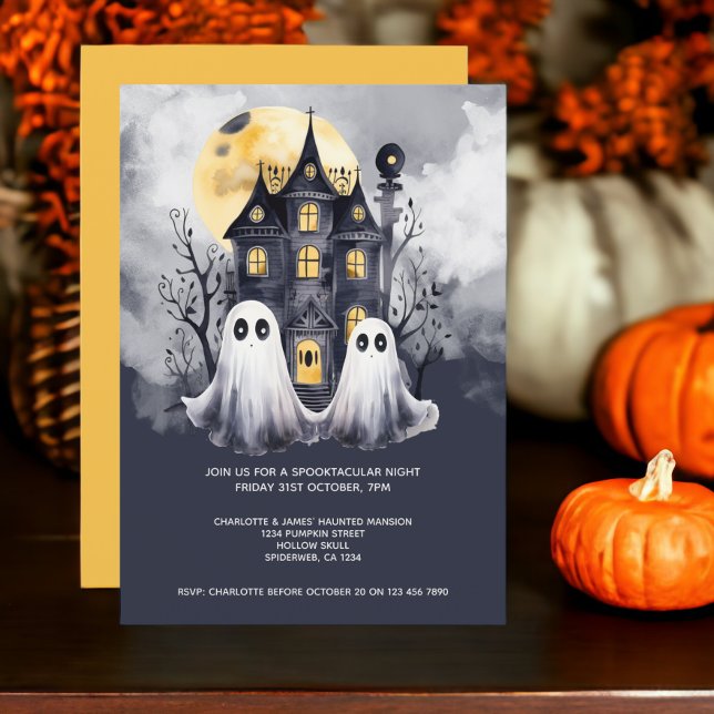 Convites Halloween Fantasmas e Casa Assombrada (Halloween Ghosts and Haunted House Party Invitations from Ricaso. Cute ghost couple invite.)