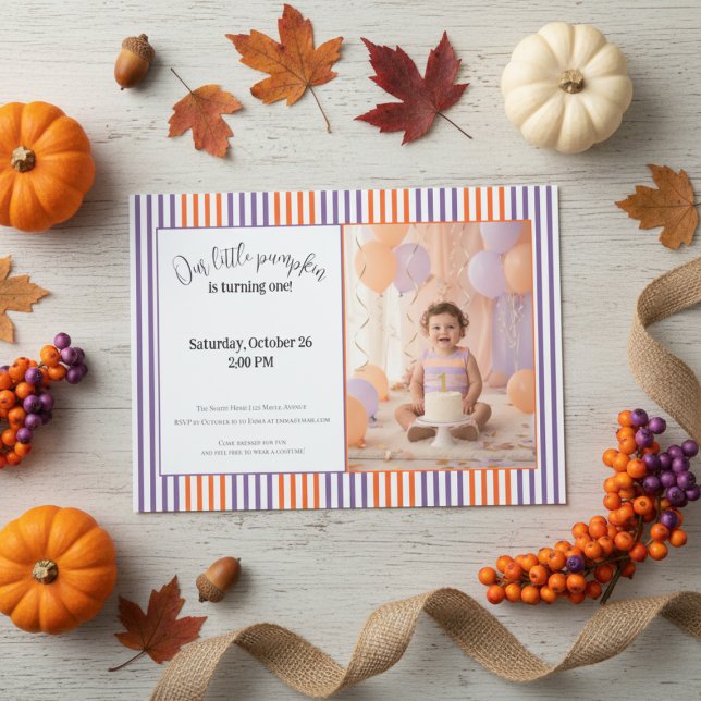 Convites Halloween First Birthday Invitation | Cute Pumpkin (Our Little Pumpkin first birthday invitation mockup with mini pumpkin, pastel balloons, and gold rib)