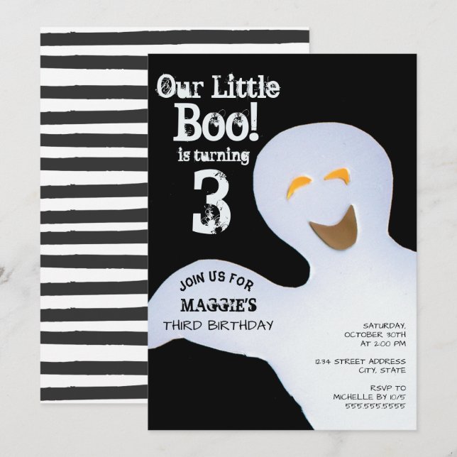 Convites Halloween Ghost Little Boo Turnando 3 aniversário  (Frente/Verso)