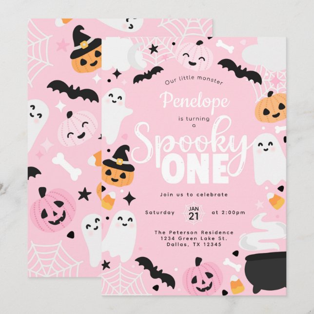 Convites Halloween Ghost Pink 1st Birthday Party (Frente/Verso)