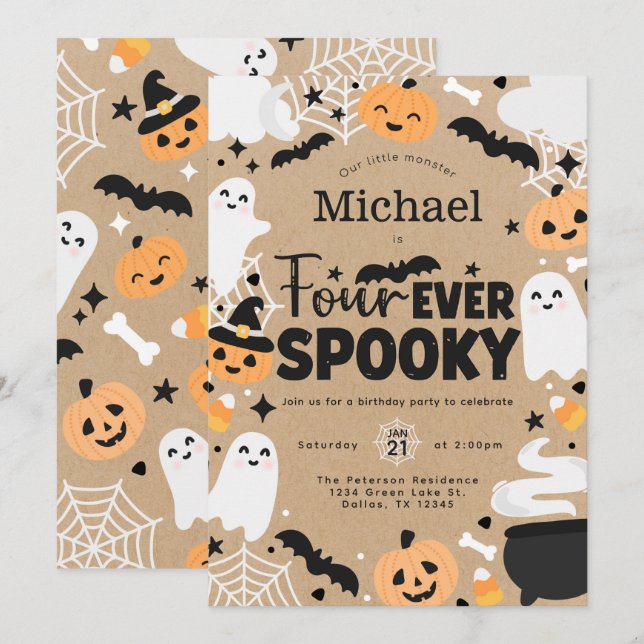 Convites Halloween Ghost Pumpkin 4th Birthday Party (Frente/Verso)