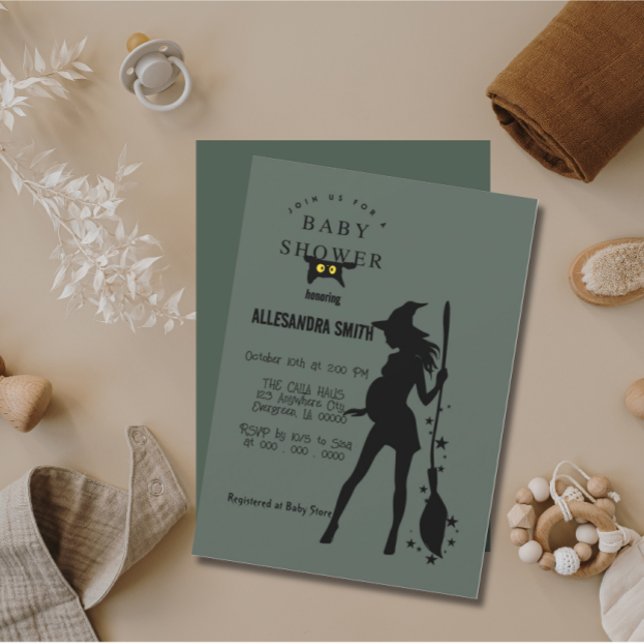 Convites Halloween Grávida Feiticeira Grávida Sexo Neutro (Halloween Pregnant Witch Gender Neutral Invitation)