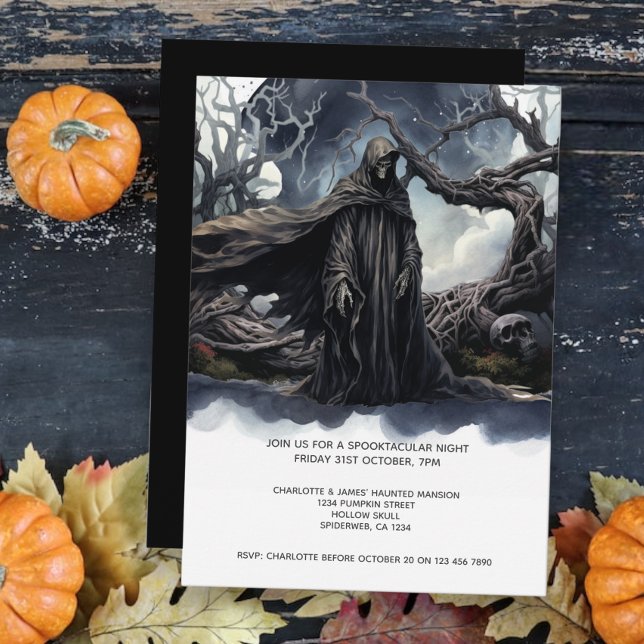 Convites Halloween Grim Reaper (Halloween Grim Reaper Invitation from Ricaso. A spooky haunting scene ideal for your Hallows Eve)