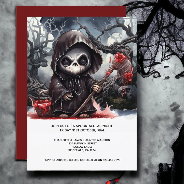 Convites Halloween Grim Reaper (Halloween Grim Reaper Invitation from Ricaso. Features a cute grim reaper with a bloody scythe)