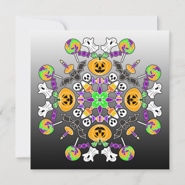 Convites Halloween Mandala Ghosts, Pumpkins, Morcegos e Crâ (Frente)