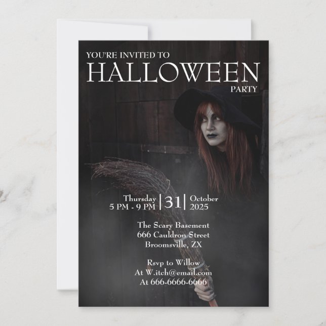 Convites Halloween Modern Gothic Witch Broom Dark Barn (Frente)