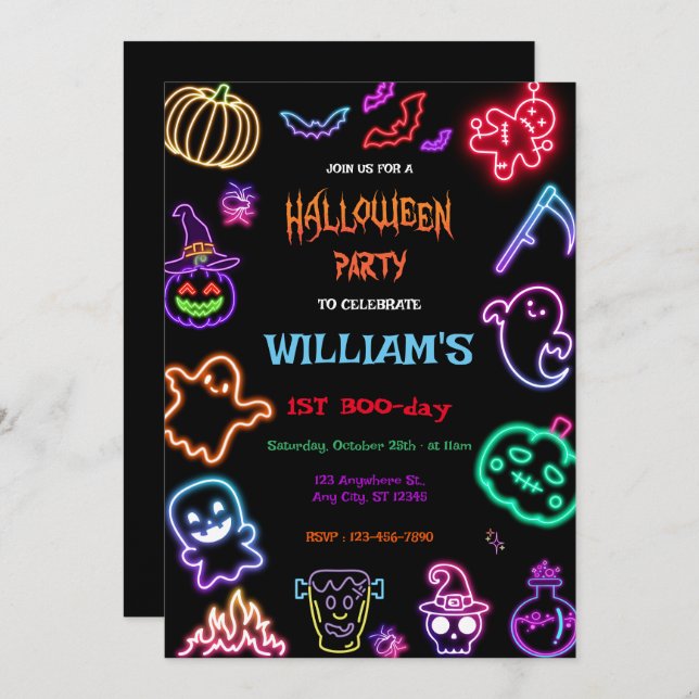 Convites Halloween Neon Kids Birthday Party Glow Dark  (Frente/Verso)