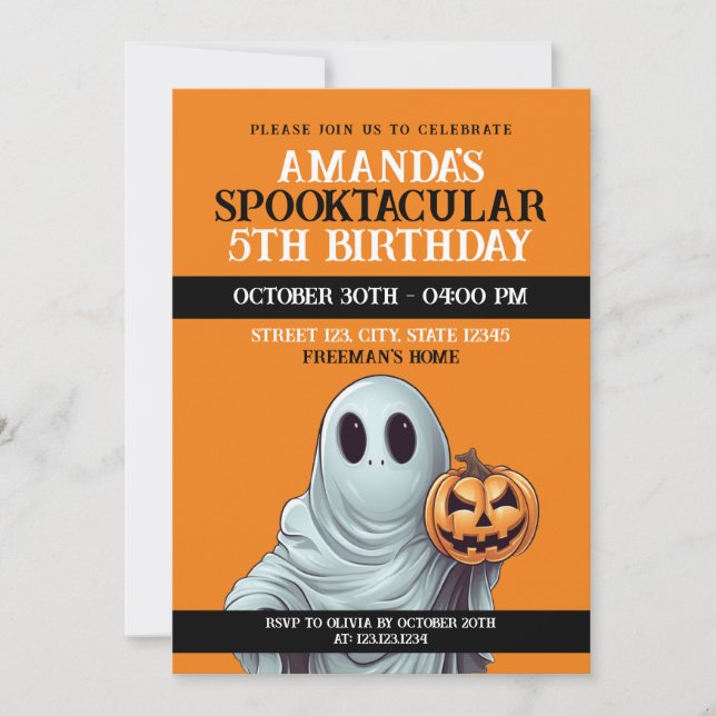 Convites Halloween Orange and White Pumpkin Ghost Birthday (Frente)