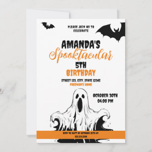 Convites Halloween Orange and White Scary Ghost Birthday