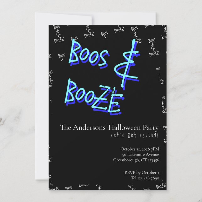 Convites Halloween Party Boos and Booze Neon Blue (Frente)