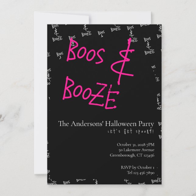 Convites Halloween Party Boos and Booze Pink Black White (Frente)