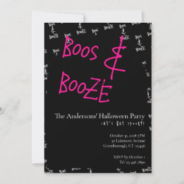 Convites Halloween Party Boos and Booze Pink Black White