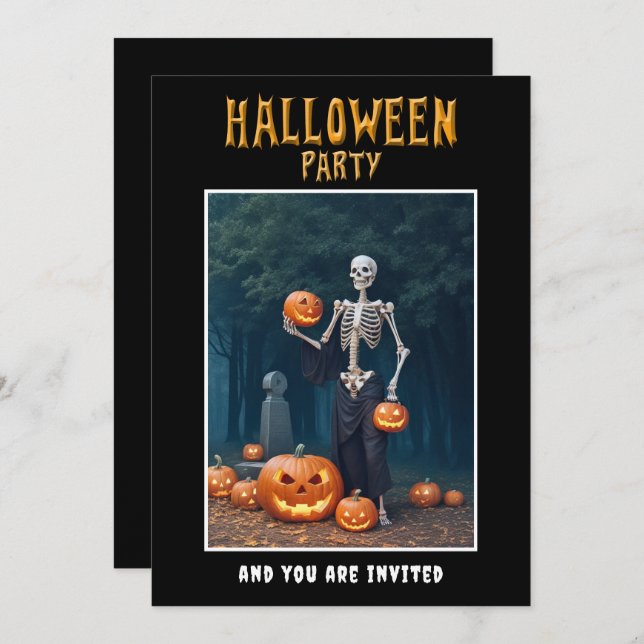 Convites Halloween Party invitation Skeleton among Pumpkins (Frente/Verso)