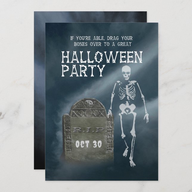 Convites Halloween Party invitation Skeleton and Tombstone (Frente/Verso)