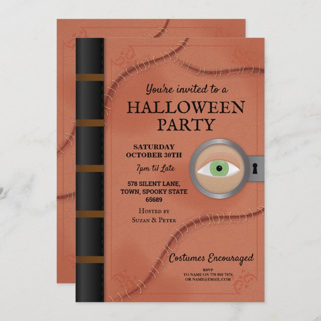 Convites Halloween Party Spell Book Hocus Eye Horror (Frente/Verso)