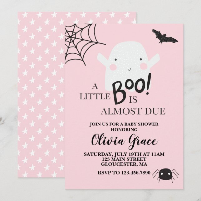 Convites Halloween Pequeno Fantasma Boo Chá de Bebê Rosa (Frente/Verso)