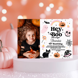 Convites Halloween Preto Rosa Ei primeiro aniversario Boo