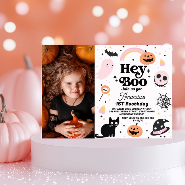 Convites Halloween Preto Rosa Ei primeiro aniversario Boo (Girls Halloween Hey Boo Birthday Invitation Rainbow Halloween Themed 1st Birthday Invitation Ghost)