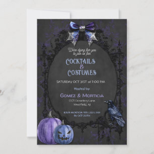 Convites Halloween Preto Roxo Corvo Esqueletos Assustador