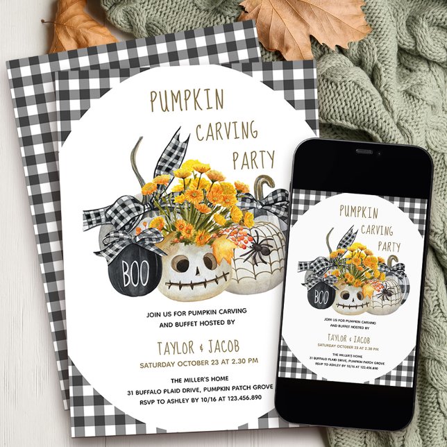 Convites Halloween Pumpkin Carving Party Farmhouse Pumpkins (Halloween Pumpkin Carving Party Invitation with stylish farmhouse plaid and fall flowers)