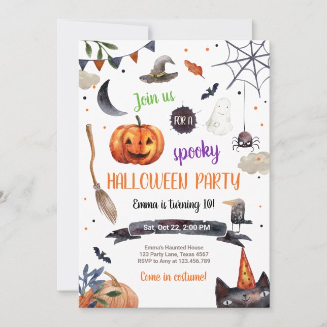 Convites Halloween Pumpkin Witch Cat Spider Spookit Anivers (Frente)