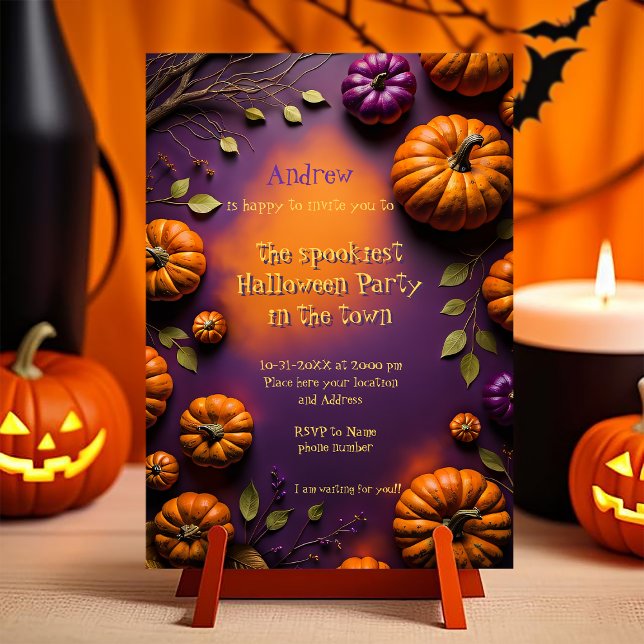 Convites Halloween Pumpkins (Halloween Invitation. customizable illustration full of pumpkins on orange and purple background)