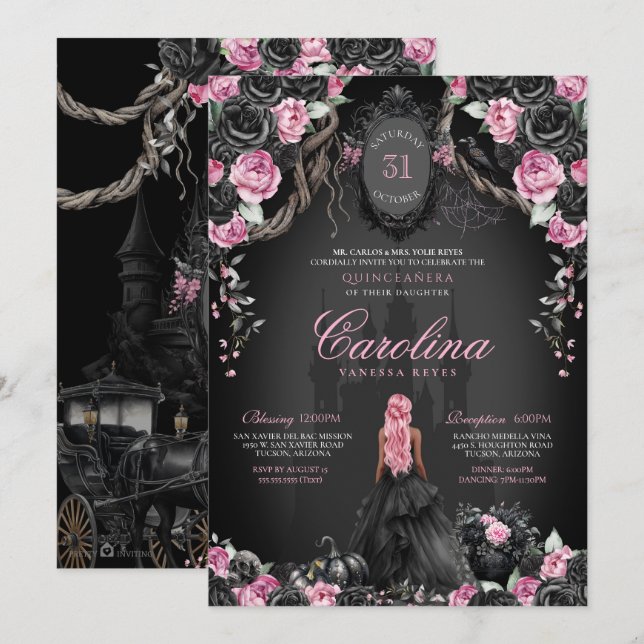 Convites Halloween Quinceañera Black & Pink Gothich Princes (Frente/Verso)