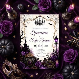 Convites Halloween quinceañera gótica roxa preta