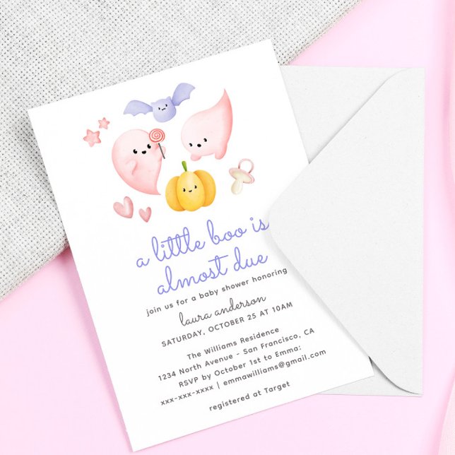 Convites Halloween Rosa Um Pequeno Boo Quase Devido Chá de  (a little boo is almost due cute pink halloween baby shower invitation)